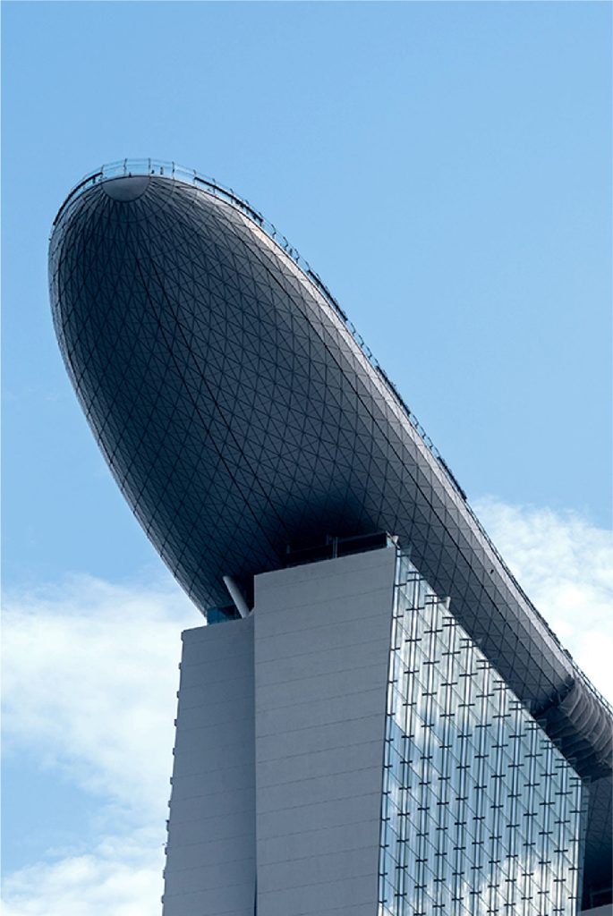 Marina Bay Sands Singapore with unitised glass curtain wall panels, designed using BIM technology in construction.