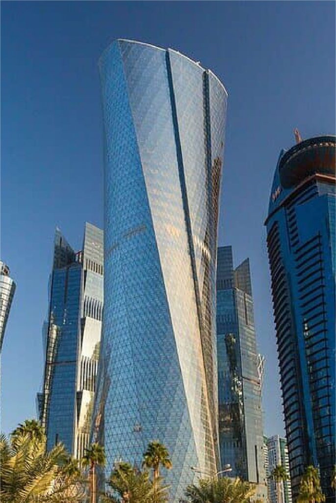 Innovative curtain wall design on Al-Bidda Tower, Doha, Qatar, highlighting types of curtain wall systems.