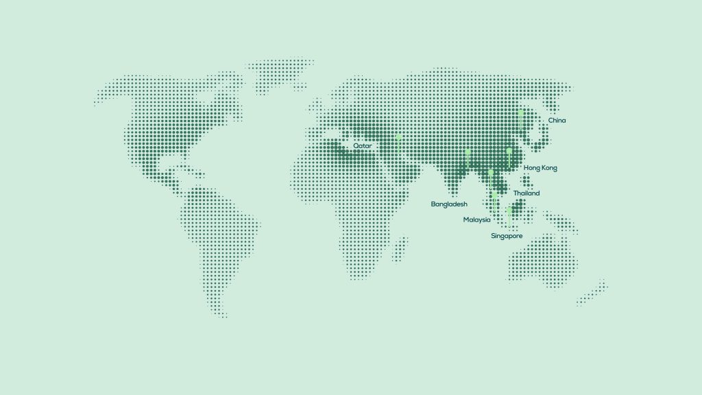 World map highlighting PMB Facade’s presence in Qatar, Bangladesh, Malaysia, Singapore, Thailand, Hong Kong, and China.