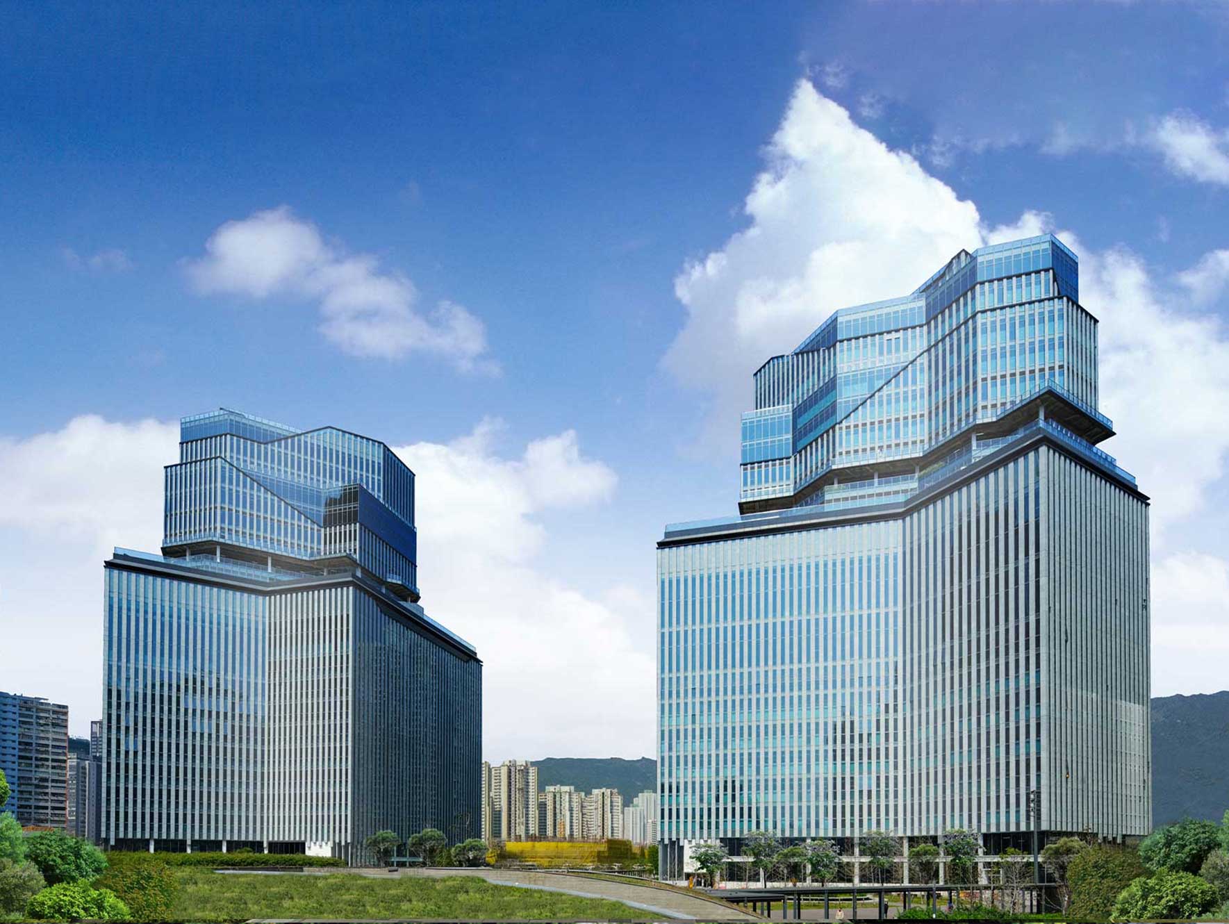 SOGO Twin Towers with reflective glass curtain wall and aluminum cladding systems in Hong Kong by PMB Facade.